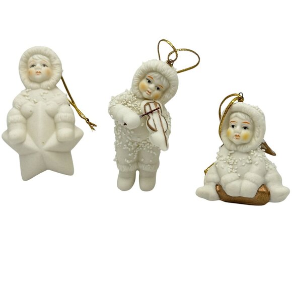 Set Of 3 Snow Baby Angel Ornaments Violinist Star Sled White Gold Christmas - Picture 1 of 11